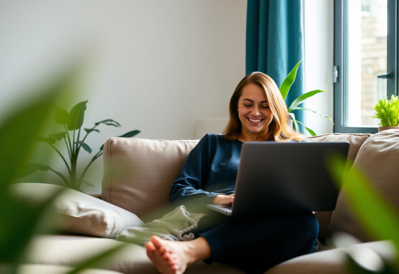 A patient smiling during a virtual therapy session on her laptop at home